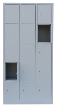 15-tueriger Stahl-Faecherschrank 300 mm pro Abteil: 3 Abteile je 5 Faecher
